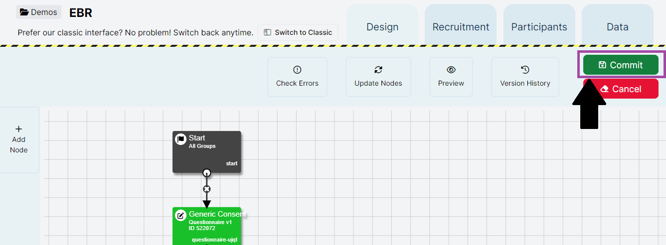 A screenshot of the New Experiment Builder. The green commit button has been highlighted with a purple box.